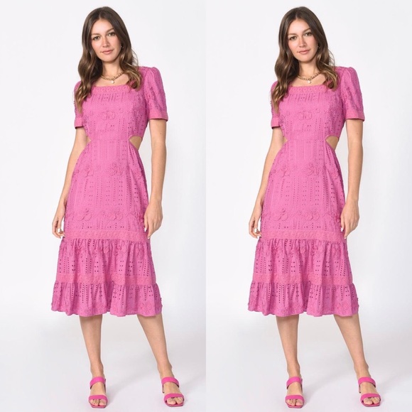NWT Adelyn Rae Katina Pink Side Cut Out Embroidered Midi Dress Puff Sleeves - Picture 7 of 8